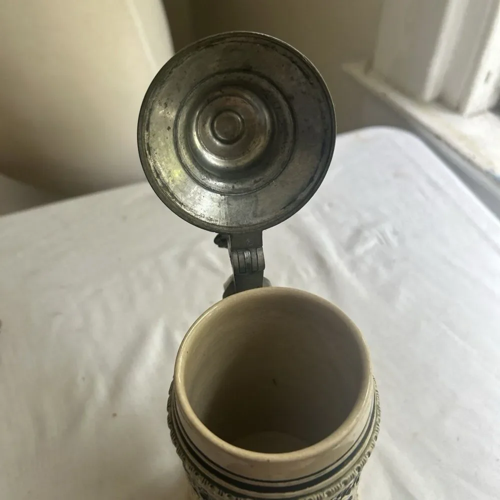 Vintage Antique German Beer Stein Lidded Pewter Engraved “Ernst Huf”  0.5L